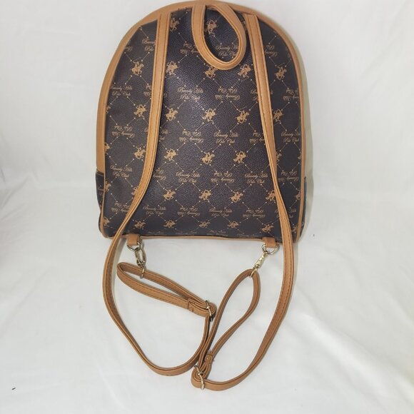 Beverly Hills Polo Club Womens Monogram Backpack Purse Brown Beige Zipper Close - Picture 10 of 16